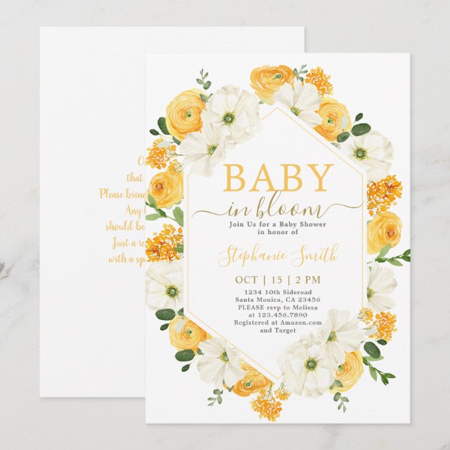 Yellow Floral Baby in Bloom Baby Shower Invitation (Front/Back)