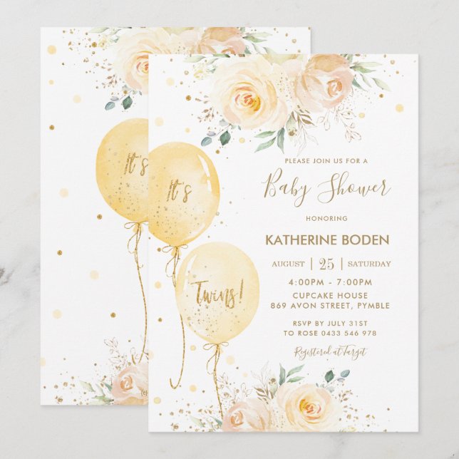 Yellow Floral Balloons Neutral Twins Baby Shower Invitation (Front/Back)