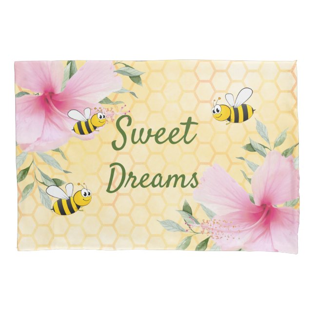 Yellow floral bees sweet dreams honeycomb pillowcase (Front)