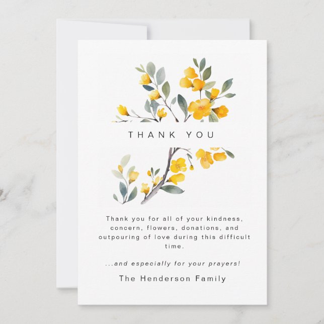 Yellow Floral Bereavement Funeral Thank You Card (Front)