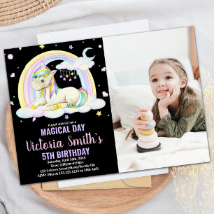 Yellow Floral Black Photo Unicorn Birthday Invitation