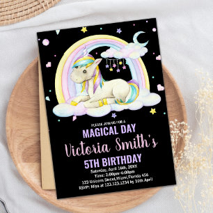 Yellow Floral Black Unicorn Birthday Invitations