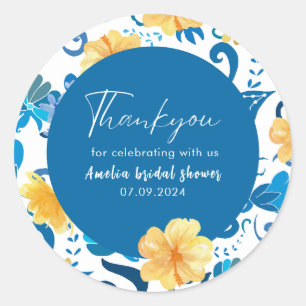 Yellow Floral blue italian bridal shower  Classic Round Sticker