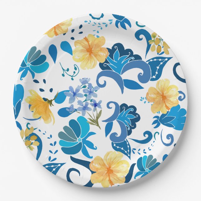 Yellow Floral blue italian bridal shower  Paper Plate (Front)