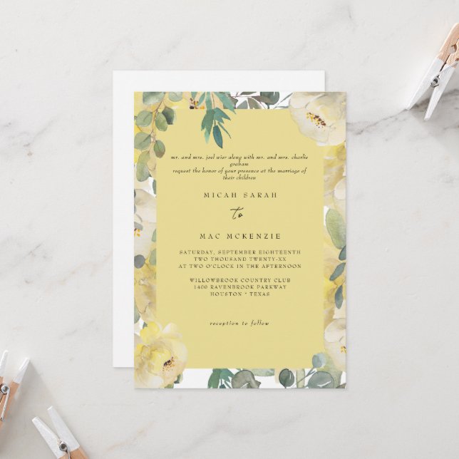 Yellow Floral Both Parents Wedding Invitation (Front/Back In Situ)