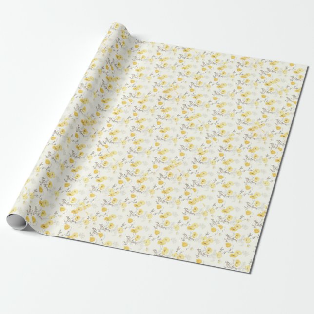 Yellow Floral Bridal Baby Shower Wrapping Paper (Unrolled)