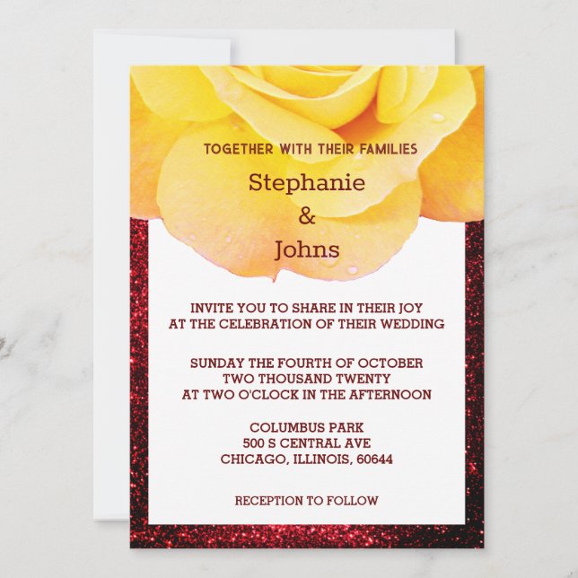 Yellow Floral Burgundy Red Glittery Wedding Ombre Invitation (Front)