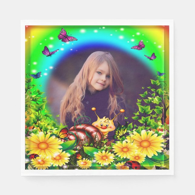 Yellow Floral Butterfly And Snail Photo Birthday Napkin (Front)