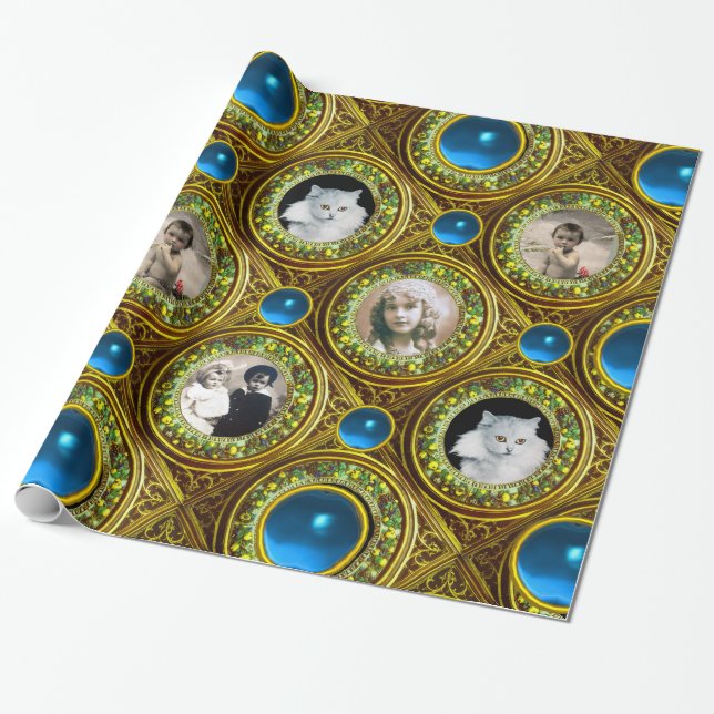 YELLOW FLORAL CHRISTMAS CROWN,BLUE GEM PHOTO FRAME WRAPPING PAPER (Unrolled)