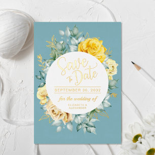 Yellow floral classy dusty blue wedding Save Date