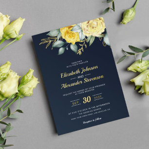 Yellow floral classy greenery navy blue wedding