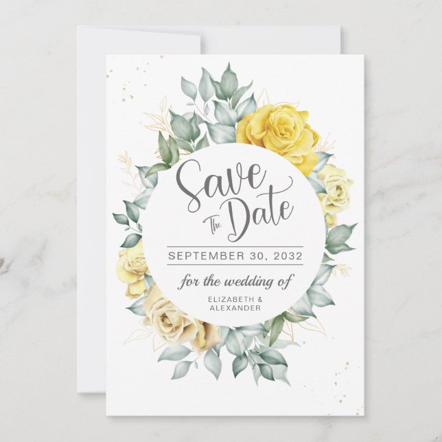 Yellow floral classy greenery summer wedding save the date (Front)