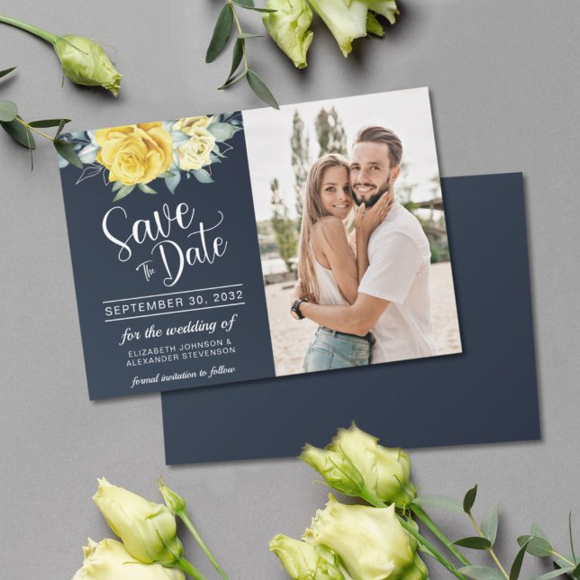 Yellow floral classy navy blue photo wedding save the date (Creator Uploaded)