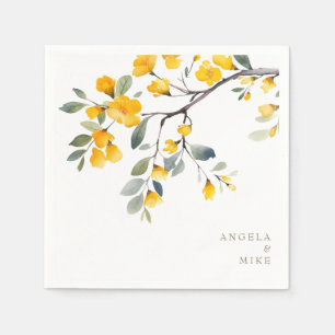 Yellow Floral Custom Gold Text Cocktail Napkin