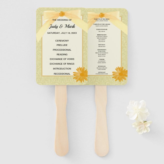 Yellow Floral Damask Wedding Program Hand Fan (Front and Back)