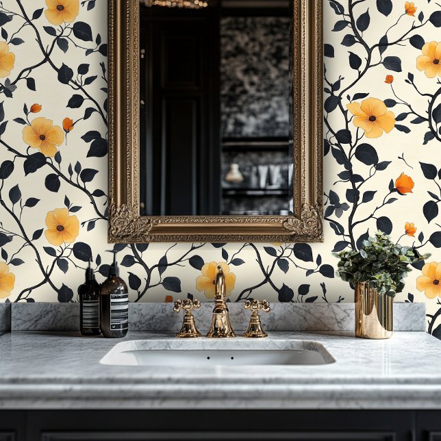 Yellow Floral Design with Black Vines Wallpaper (Creator Uploaded)