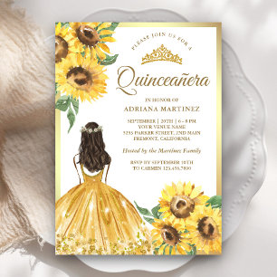 Yellow Floral Dress Sunflowers Gold Quinceanera Invitation