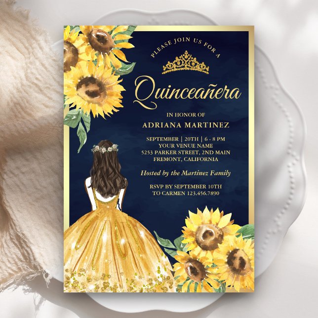 Yellow Floral Dress Sunflowers Navy Quinceanera Invitation (Creator Uploaded)