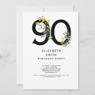 Yellow Floral Elegant 90th Birthday Party  Invitation