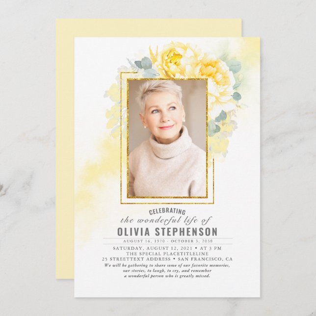 Yellow Floral Faded Foliage Funeral Photo Invitation (Front/Back)