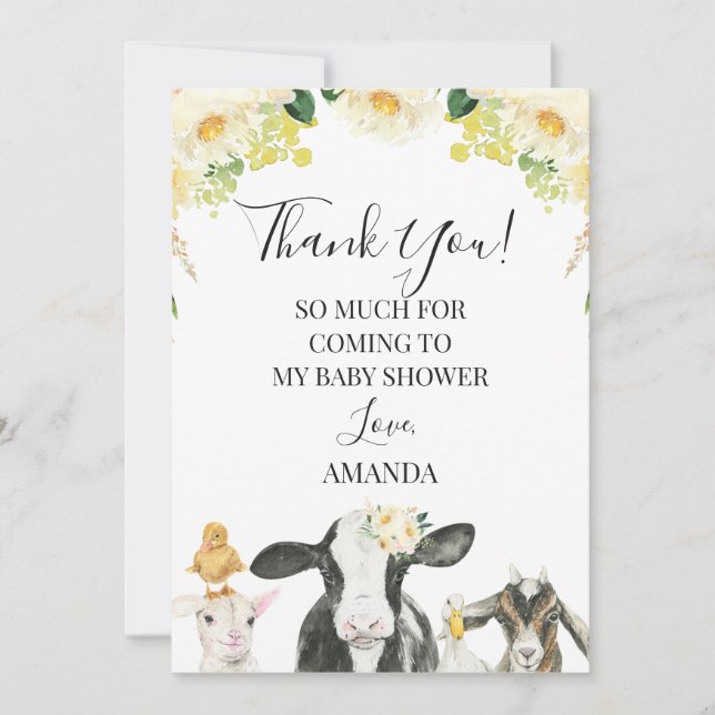 Yellow Floral Farm Baby Shower Thank You Card (Front)