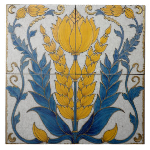 Yellow Floral Form with Blue Leaves Ceramic Tile
