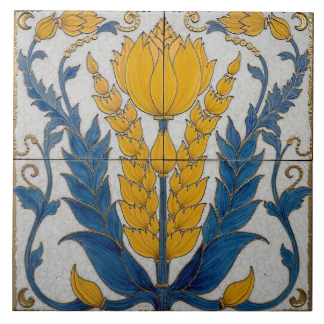Yellow Floral Form with Blue Leaves Ceramic Tile (Front)