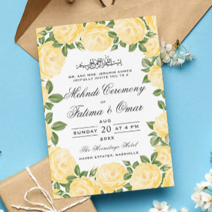 Yellow Floral Frame Islamic Henna Mehndi Ceremony Invitation