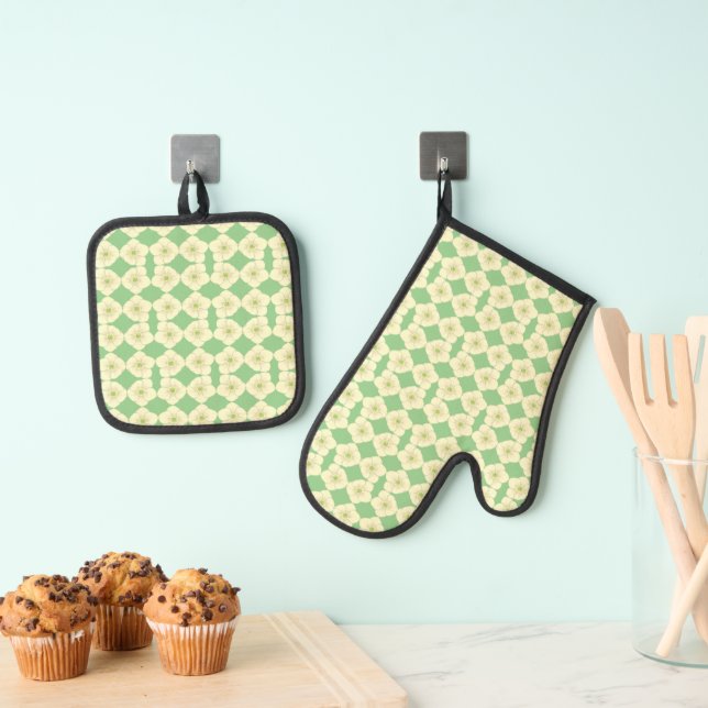 Yellow Floral Fun Pattern Oven Mitt & Pot Holder Set (Insitu(Hanging))