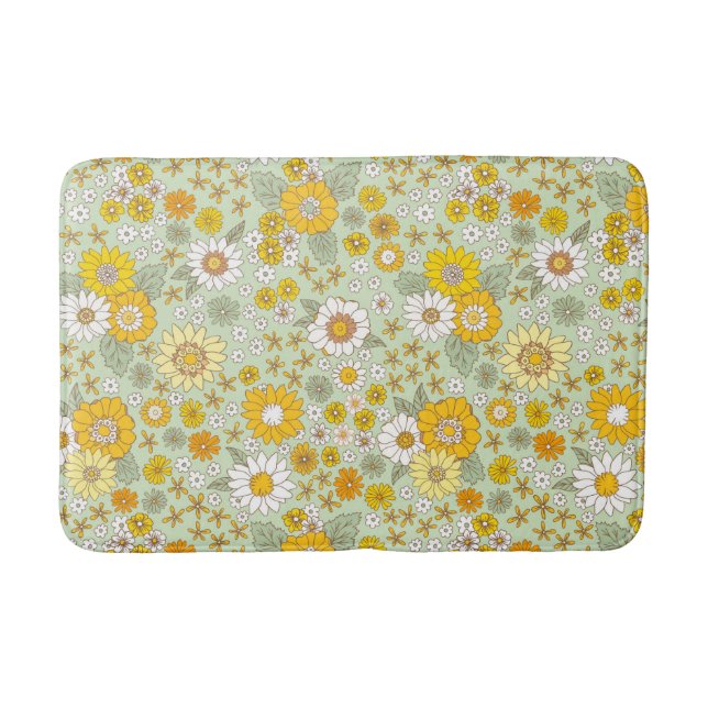 Yellow Floral Garden Pattern Bath Mat (Front)