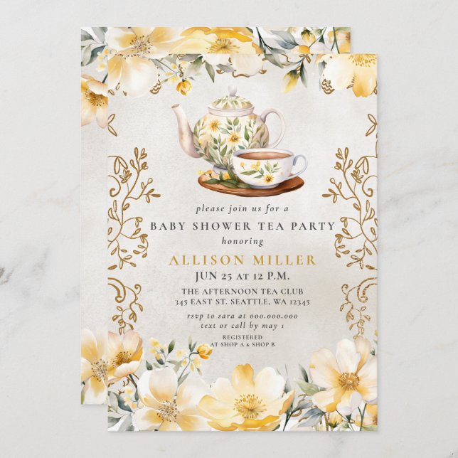 Yellow Floral Gender neutral Tea Baby Shower  Invitation (Front/Back)