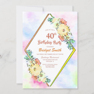 Yellow Floral Geometric 40th Birthday Party Invitation