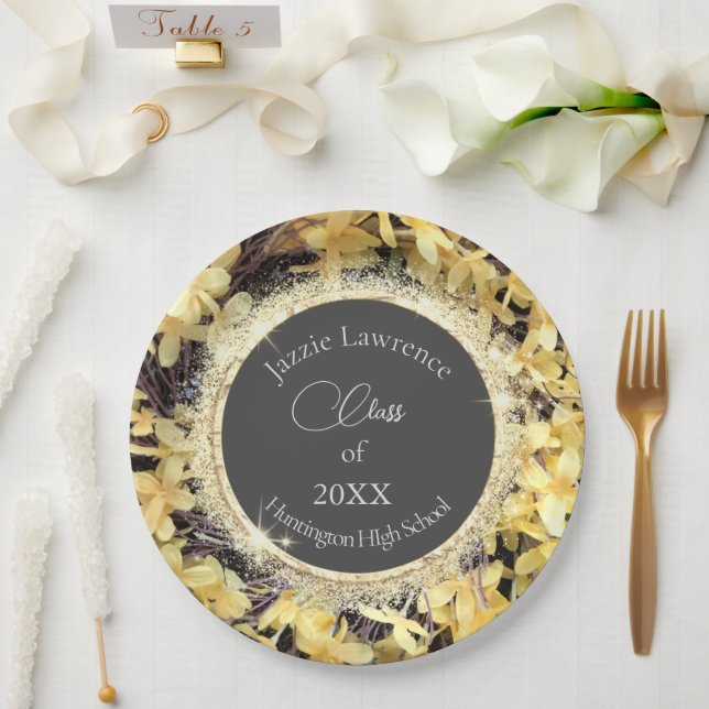 Yellow Floral Glittery Graduation Personalised  Paper Plate (Wedding)