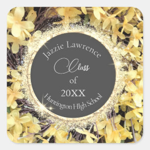 Yellow Floral Glittery Graduation Personalised Square Sticker