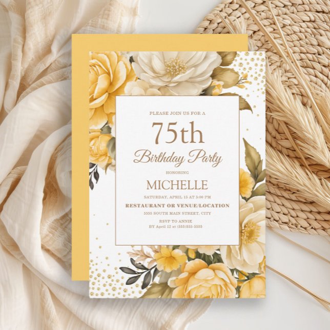 Yellow Floral Gold Glitter 75th Birthday Invitation (Yellow and ivory watercolor floral women's 75th birthday party invitation)