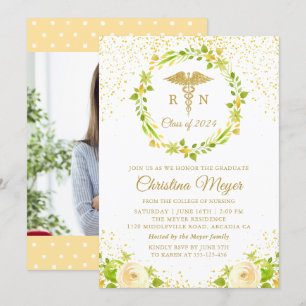 Yellow Floral Gold Nursing Graduation Party Photo Invitation