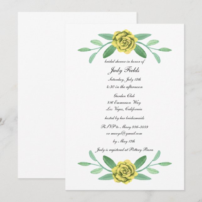 Yellow Floral Greenery Foliage Bridal Shower Invitation (Front/Back)