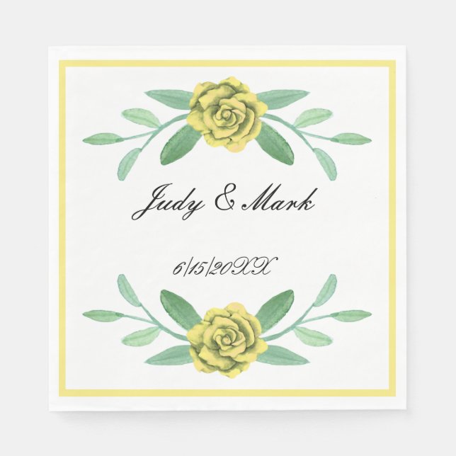 Yellow Floral Greenery Foliage Paper Napkins (Front)