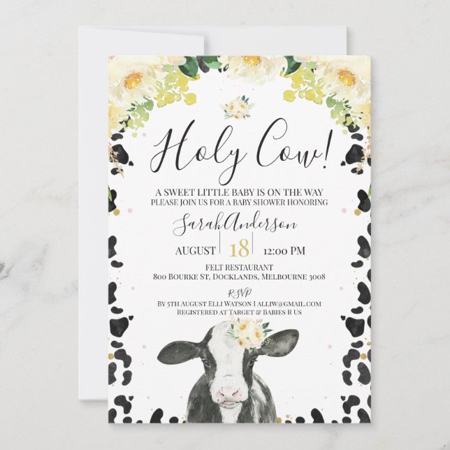 Yellow Floral Holy Cow Cow Print Baby Shower Invit Invitation (Front)