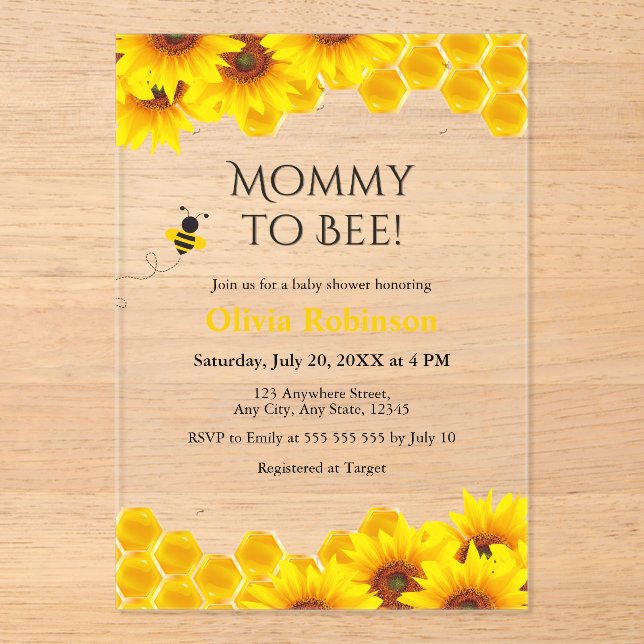 Yellow Floral Honeycomb Mummy to Bee Baby Shower  Acrylic Invitations (Front)