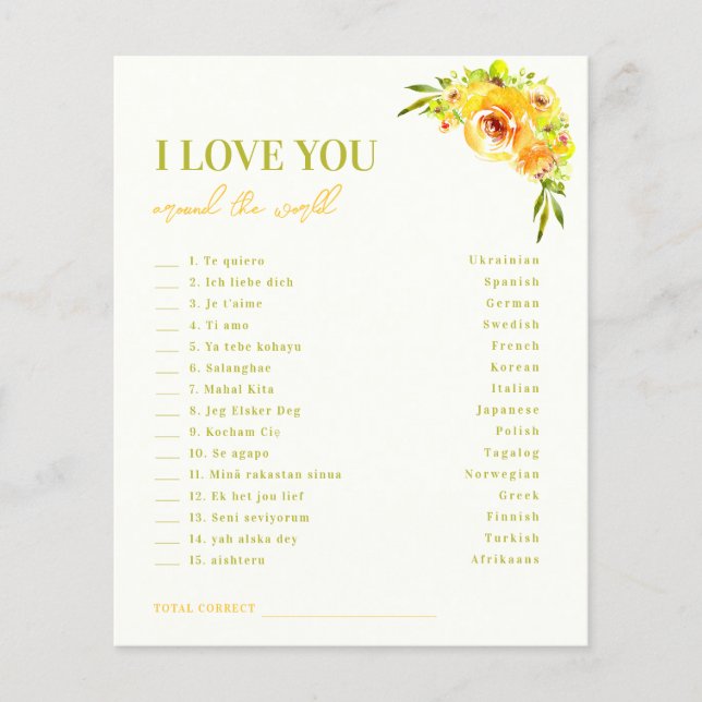 Yellow Floral I Love you Around the World Game (Front)