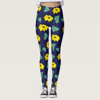 Yellow floral leaf print on navy leggings