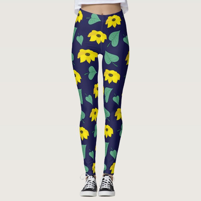 Yellow floral leaf print on navy leggings (Front)