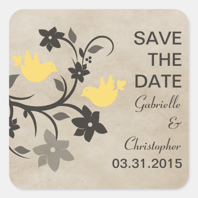 Yellow Floral Lovebirds Save the Date Stickers (Front)