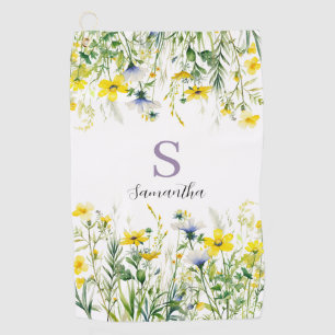 Yellow Floral Monogram Name Golf Towel