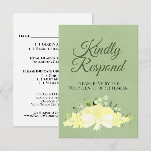 Yellow Floral on Sage Green Kindly Respond Wedding RSVP Card (Front/Back)