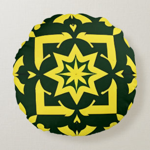 Yellow Floral Ornament on a Green Background Round Cushion