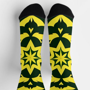Yellow Floral Ornament on a Green Background Socks