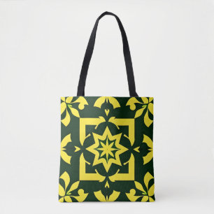 Yellow Floral Ornament on a Green Background Tote Bag
