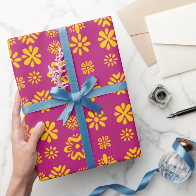 Yellow floral pattern  in deep pink wrapping paper (Gifting)